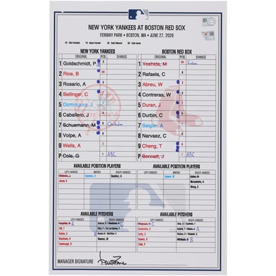  New York Yankees Fanatics Authentic Game-Used Lineup Card vs. Boston Red Sox on June 27, 2026  