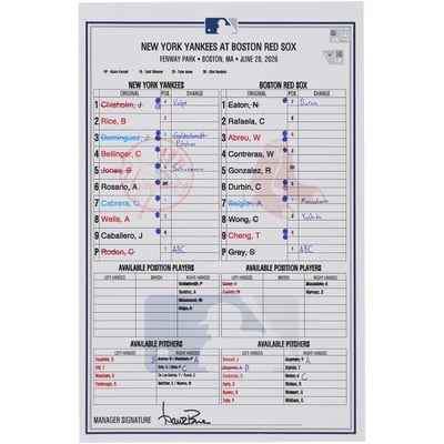  New York Yankees Fanatics Authentic Game-Used Lineup Card vs. Boston Red Sox on June 28, 2026  