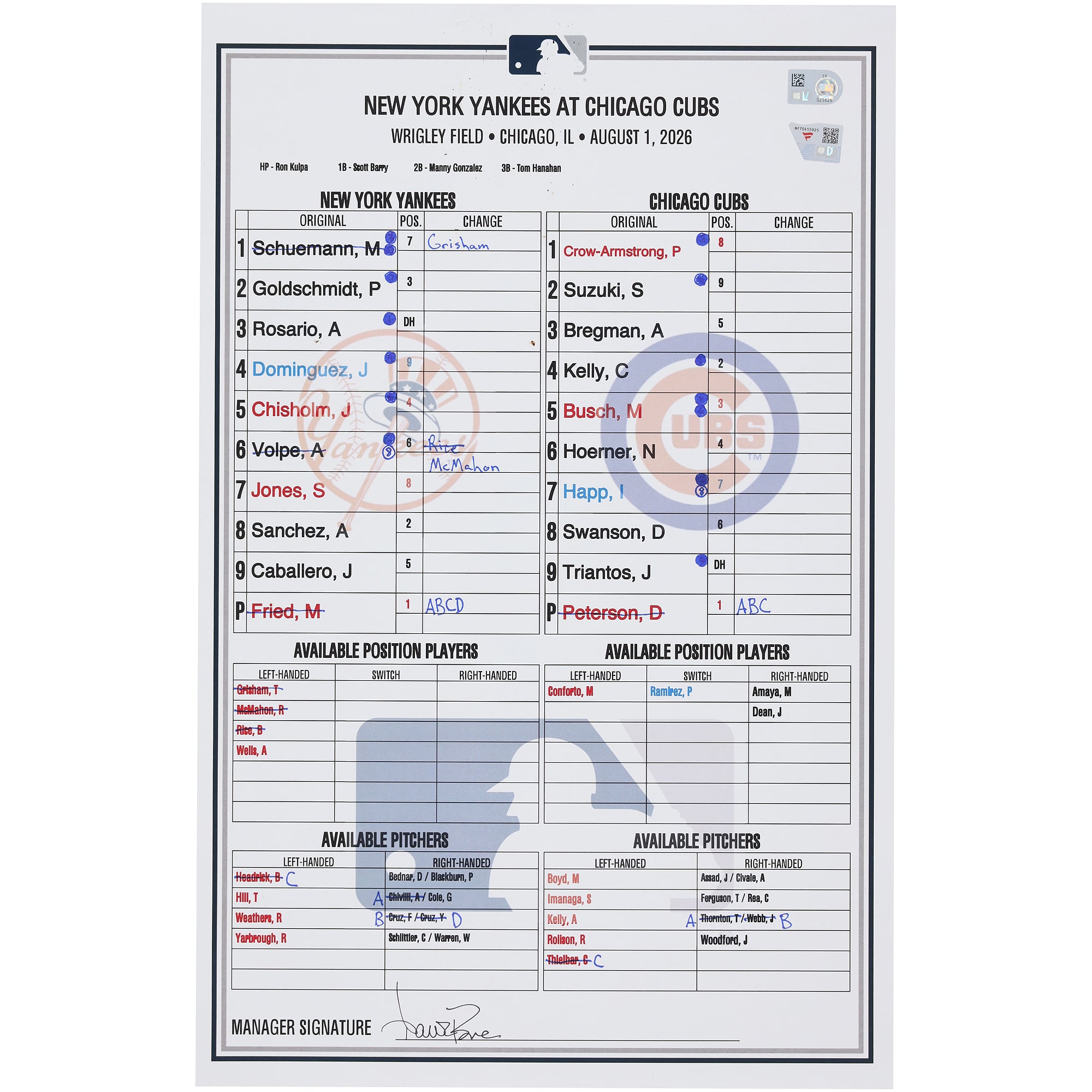 Feuille de composition utilisée par les Yankees de New York lors du match contre les Cubs de Chicago le 1er août 2026