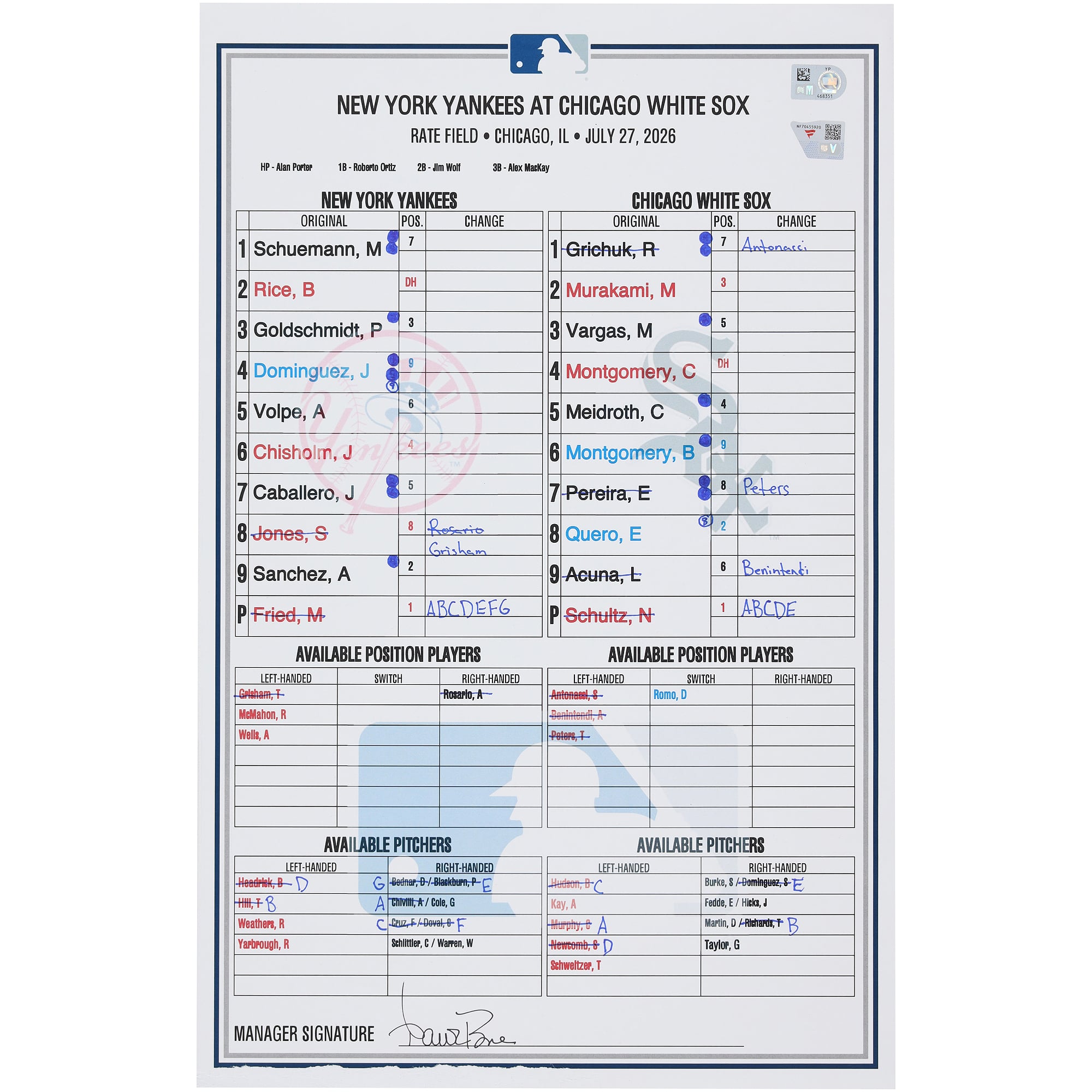 Feuille de composition utilisée par les Yankees de New York lors du match contre les White Sox de Chicago le juillet 2026