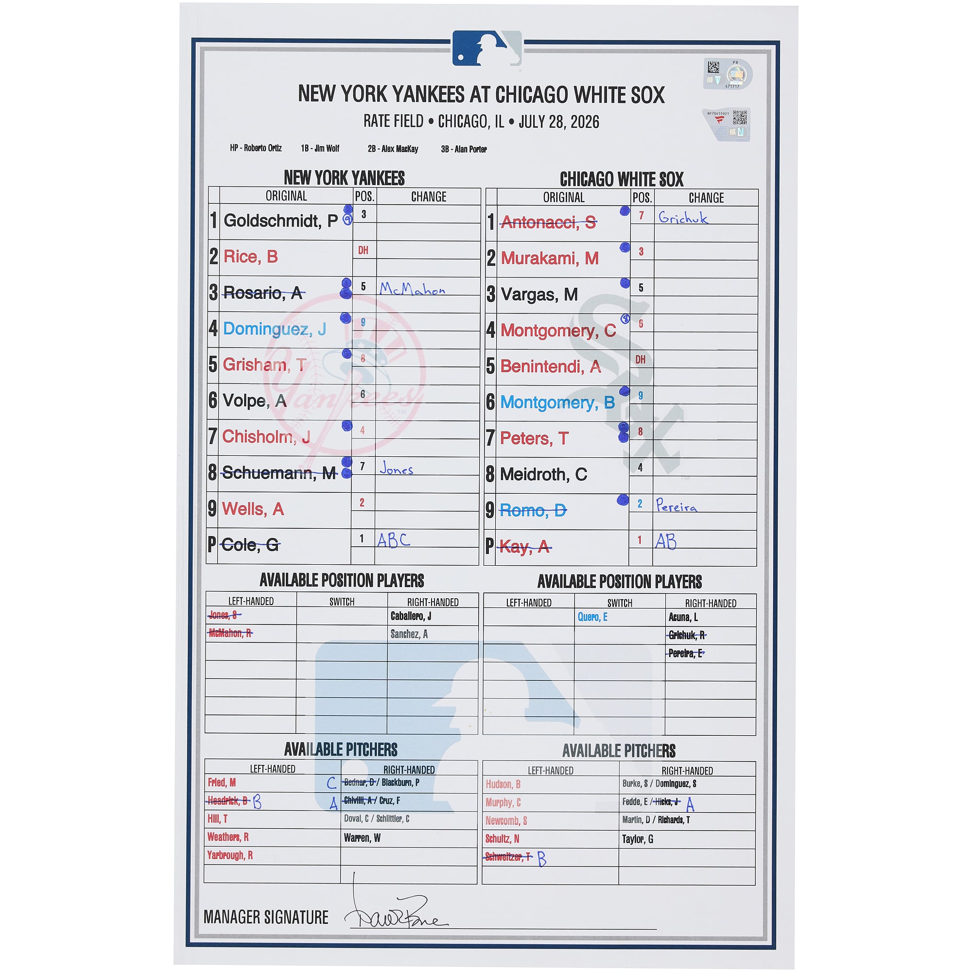 New York Yankees Game-Used Lineup Card vs. Chicago White Sox on July 28, 2026