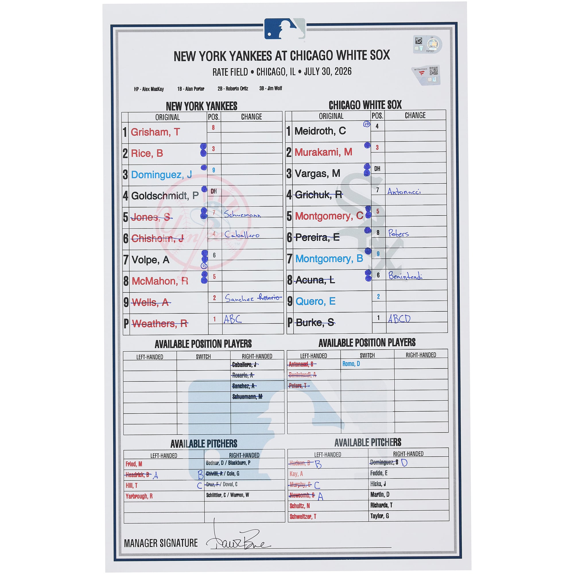 Feuille de composition d'équipe utilisée par les Yankees de New York lors du match contre les White Sox de Chicago le 30 juillet 2026