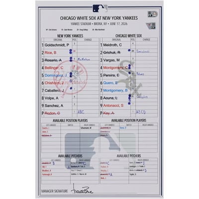  New York Yankees Fanatics Authentic Game-Used Lineup Card vs. Chicago White Sox on June 17, 2026