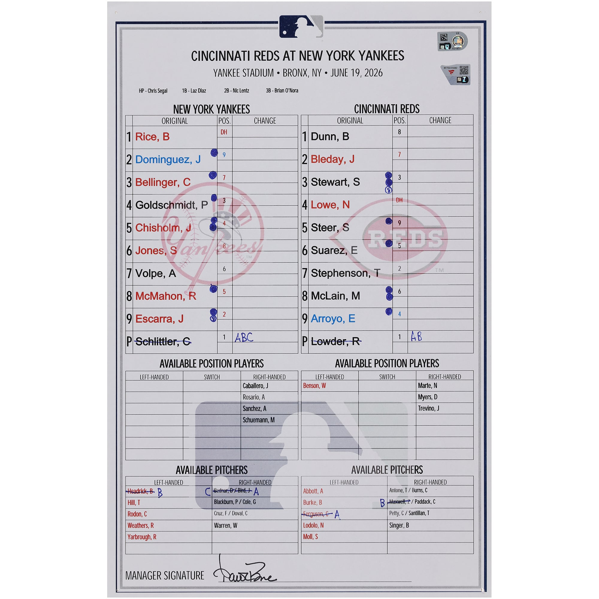 New York Yankees Game-Used Lineup Card vs. Cincinnati Reds on June 19, 2026