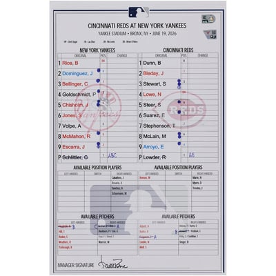  New York Yankees Fanatics Authentic Game-Used Lineup Card vs. Cincinnati Reds on June 19, 2026