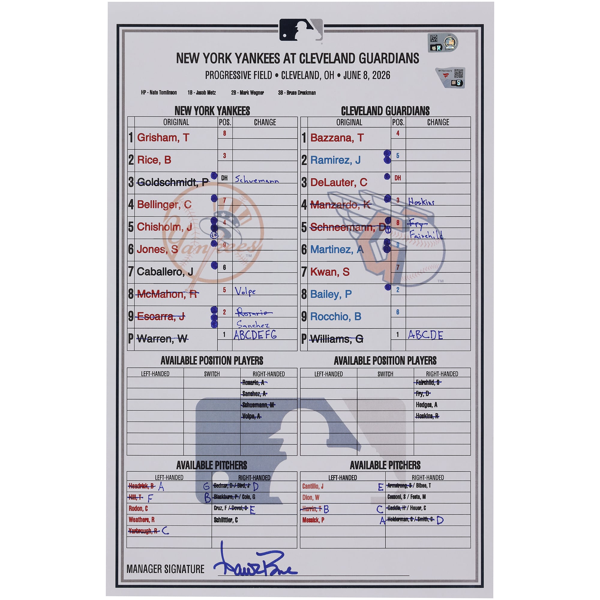 New York Yankees Game-Used Lineup Card vs. Cleveland Guardians on June 8, 2026