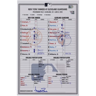  New York Yankees Fanatics Authentic Game-Used Lineup Card vs. Cleveland Guardians on June 8, 2026