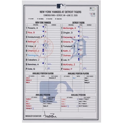  New York Yankees Fanatics Authentic Game-Used Lineup Card vs. Detroit Tigers on June 22, 2026  