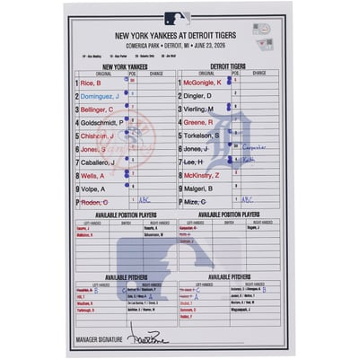  New York Yankees Fanatics Authentic Game-Used Lineup Card vs. Detroit Tigers on June 23, 2026  