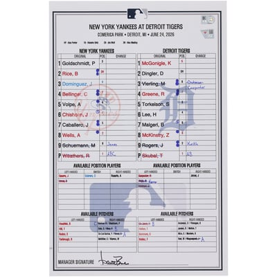  New York Yankees Fanatics Authentic Game-Used Lineup Card vs. Detroit Tigers on June 24, 2026  