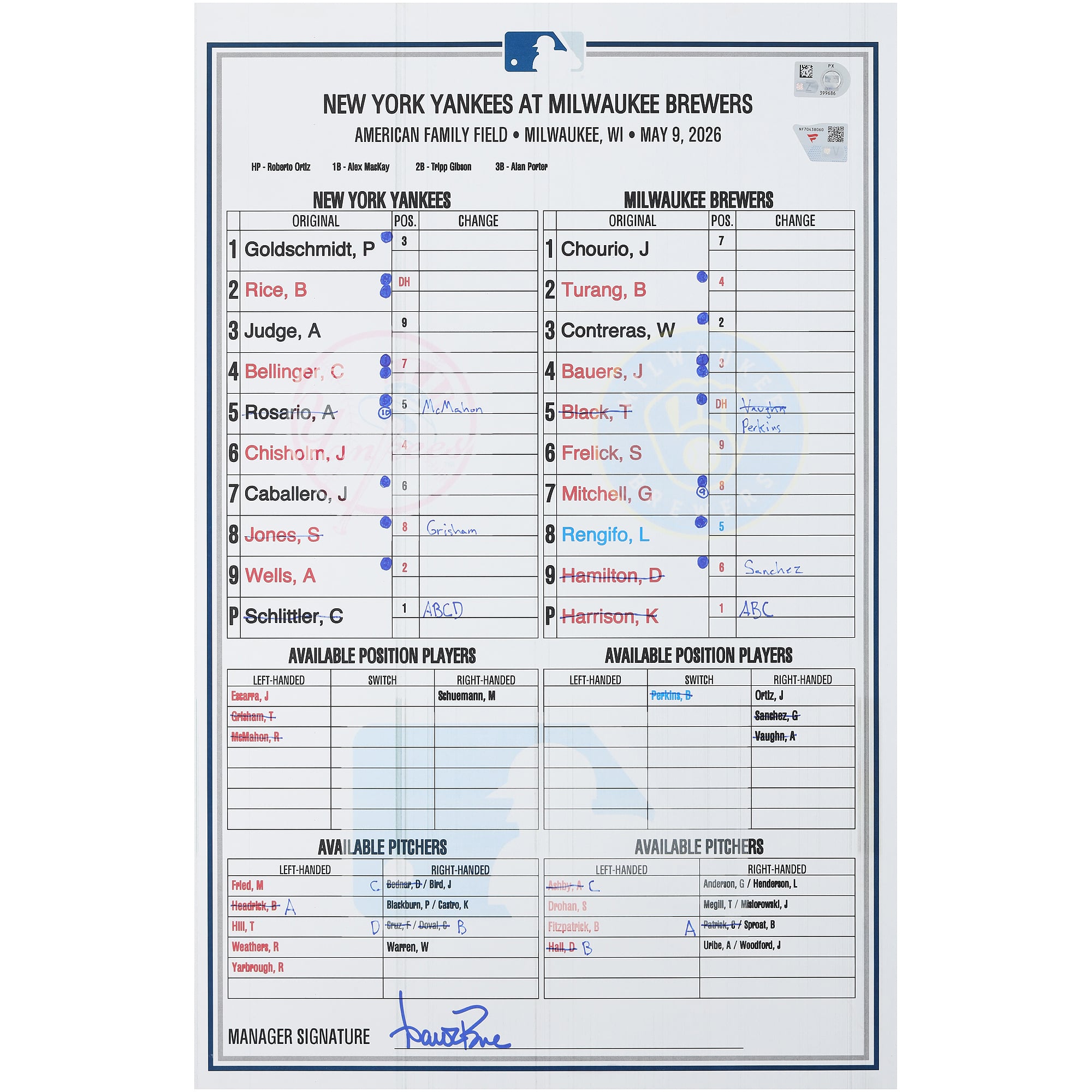 New York Yankees Game-Used Lineup Card vs. Milwaukee Brewers on May 9, 2026
