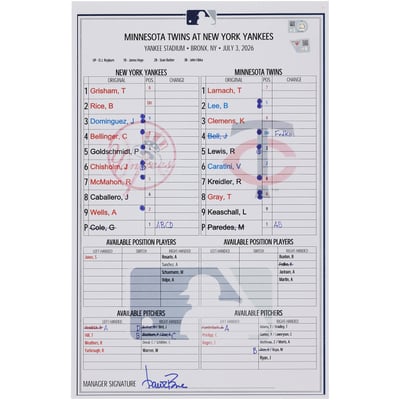  New York Yankees Fanatics Authentic Game-Used Lineup Card vs. Minnesota Twins on July 3, 2026  