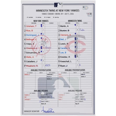  New York Yankees Fanatics Authentic Game-Used Lineup Card vs. Minnesota Twins on July 5, 2026  