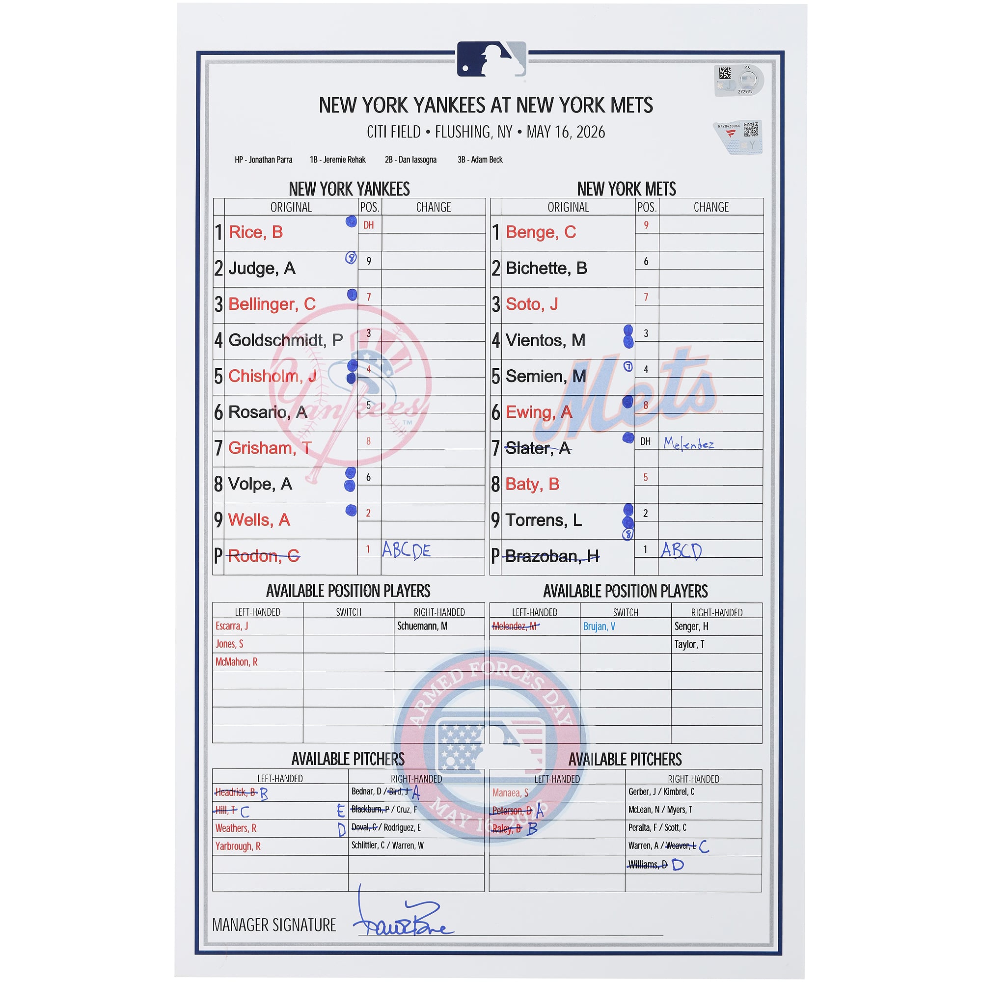New York Yankees Game-Used Lineup Card vs. New York Mets on May 16, 2026