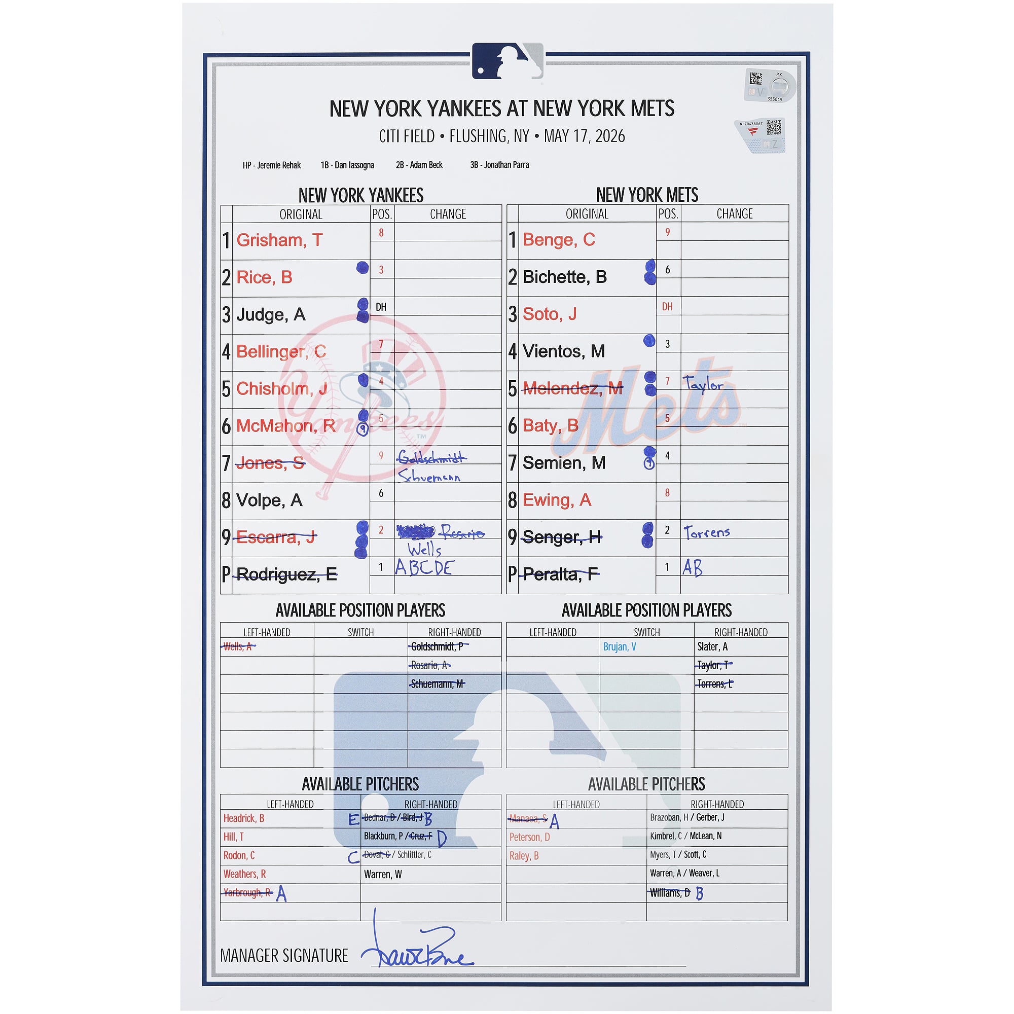 New York Yankees Game-Used Lineup Card vs. New York Mets on May 17, 2026