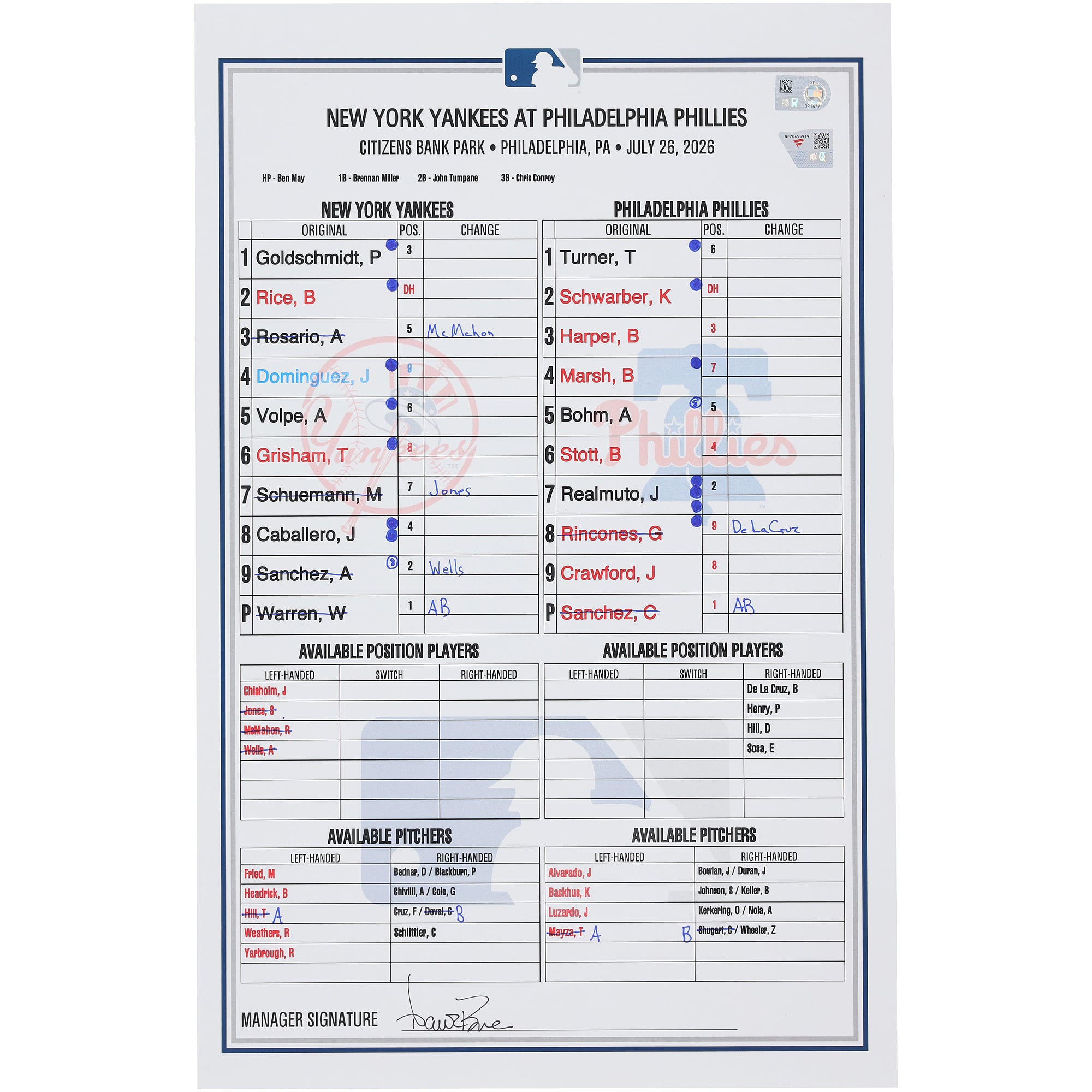 Feuille de composition d'équipe utilisée par les Yankees de New York lors du match contre les Phillies de Philadelphie le 26 juillet 2026
