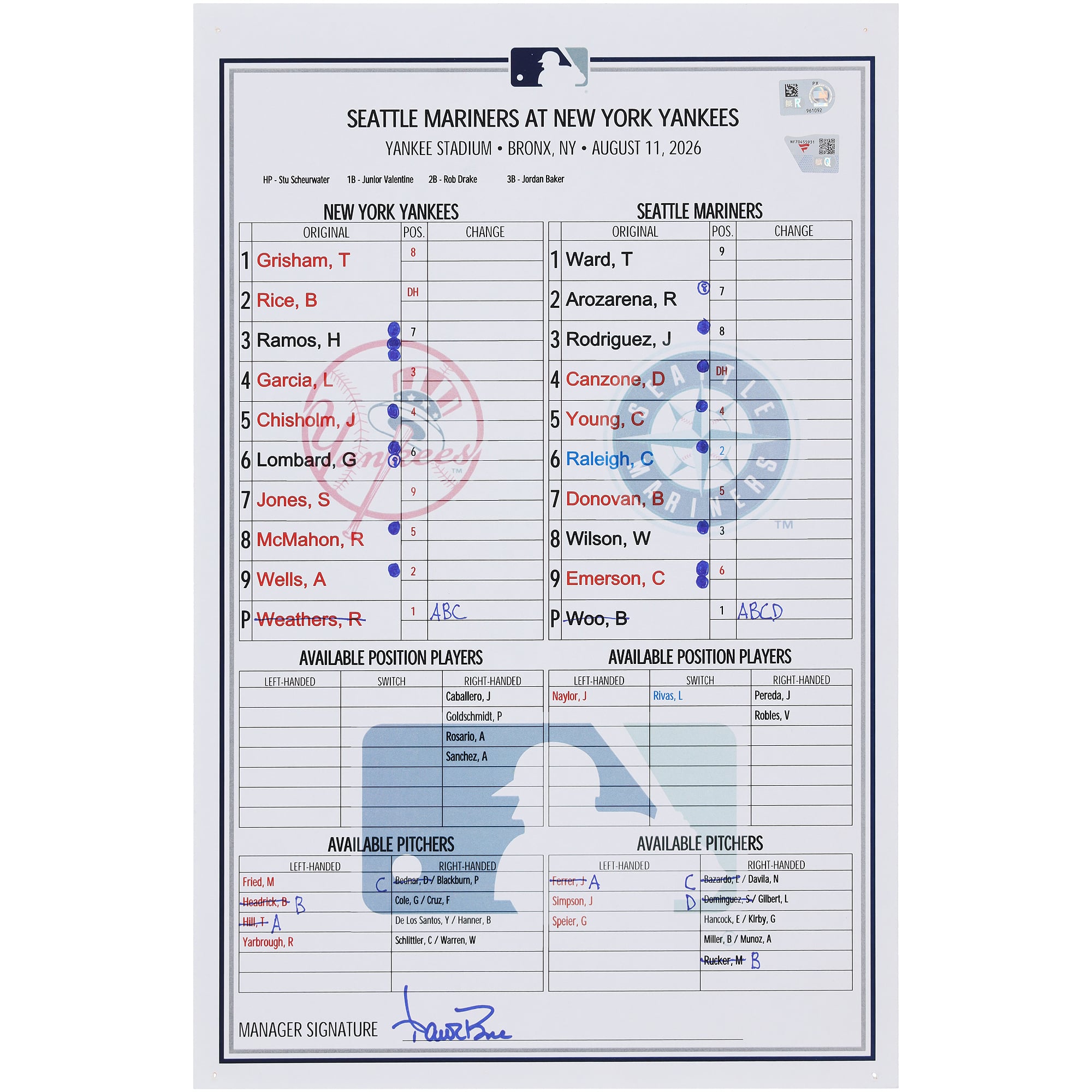 Feuille de composition utilisée par les Yankees de New York lors du match contre les Mariners de Seattle le 11 août 2026
