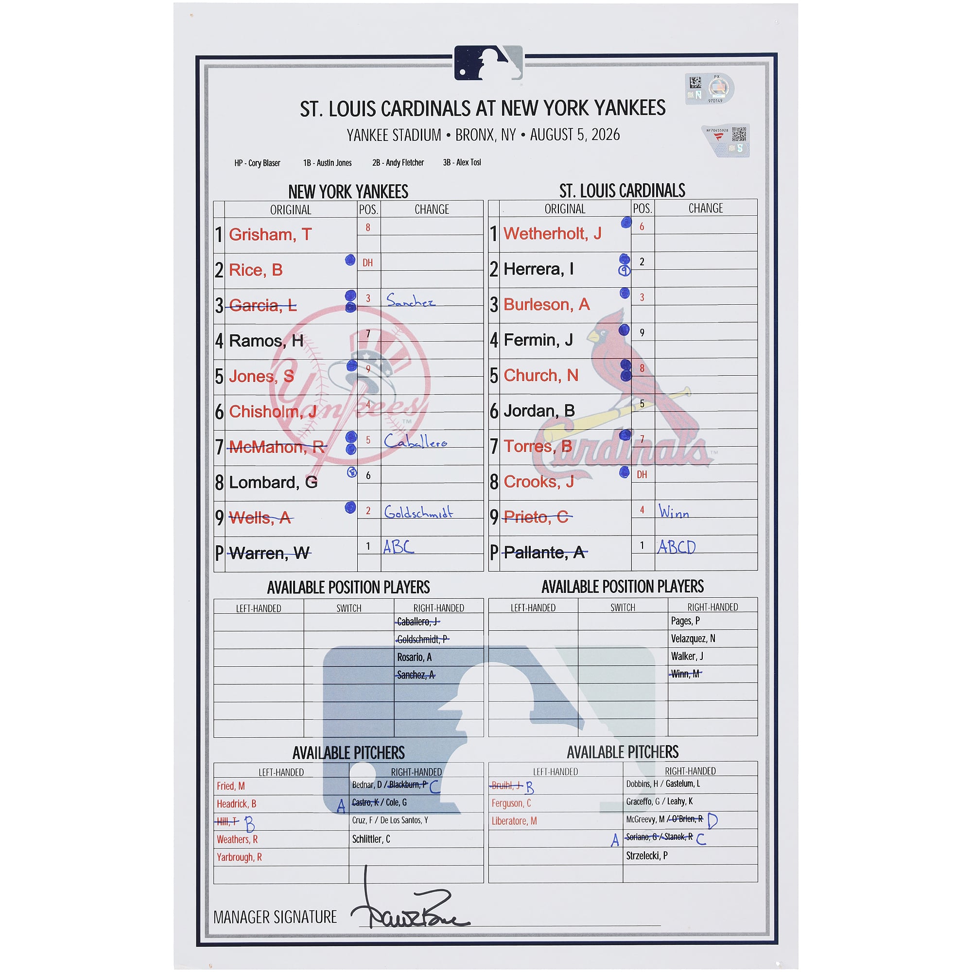 Feuille de composition des joueurs des Yankees de New York lors du match contre les Cardinals de Saint-Louis le 5 août 2026