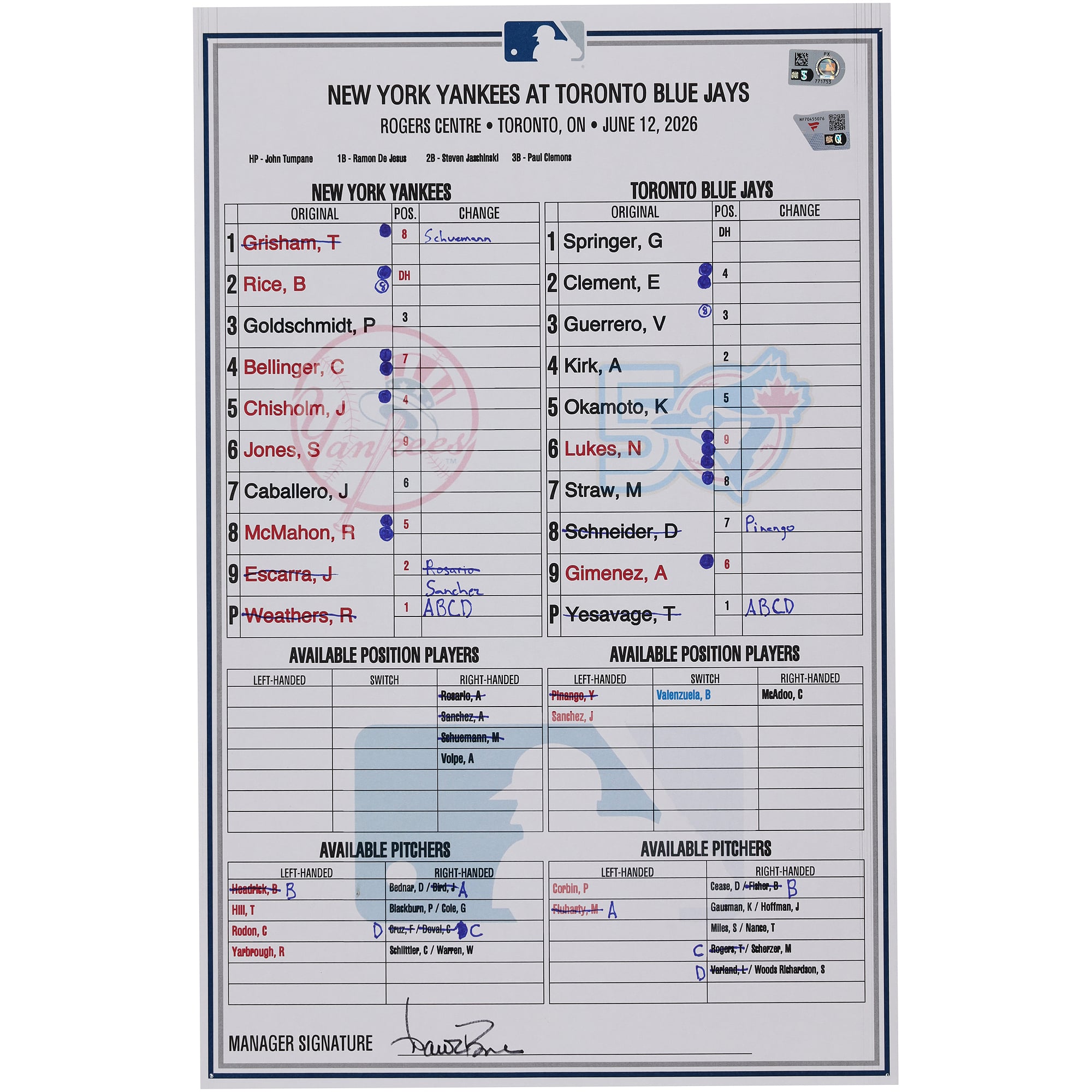 New York Yankees Game-Used Lineup Card vs. Toronto Blue Jays on June 12, 2026