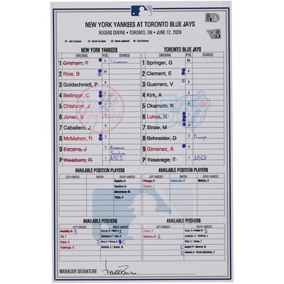  New York Yankees Fanatics Authentic Game-Used Lineup Card vs. Toronto Blue Jays on June 12, 2026