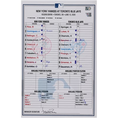  New York Yankees Fanatics Authentic Game-Used Lineup Card vs. Toronto Blue Jays on June 13, 2026