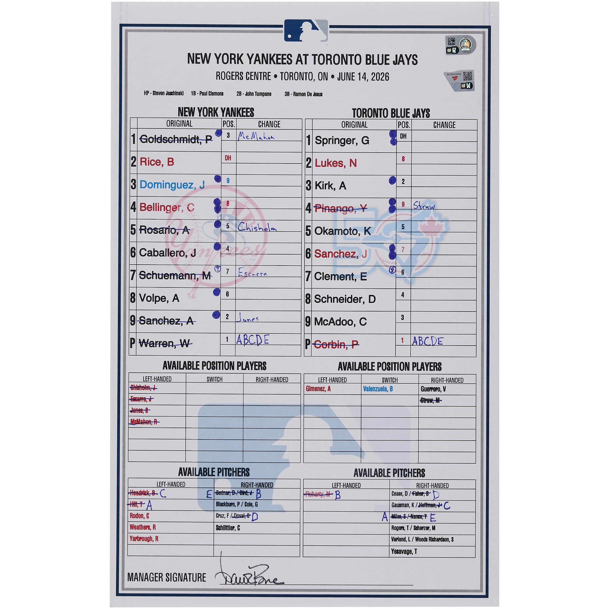 New York Yankees Game-Used Lineup Card vs. Toronto Blue Jays on June 14, 2026