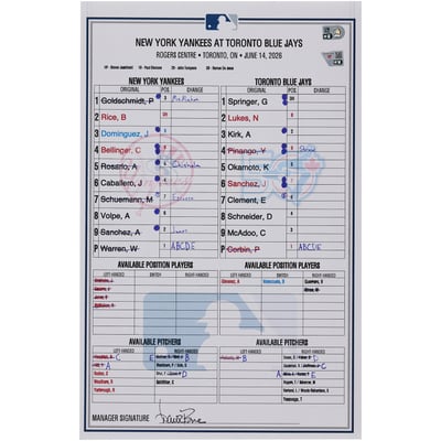  New York Yankees Fanatics Authentic Game-Used Lineup Card vs. Toronto Blue Jays on June 14, 2026