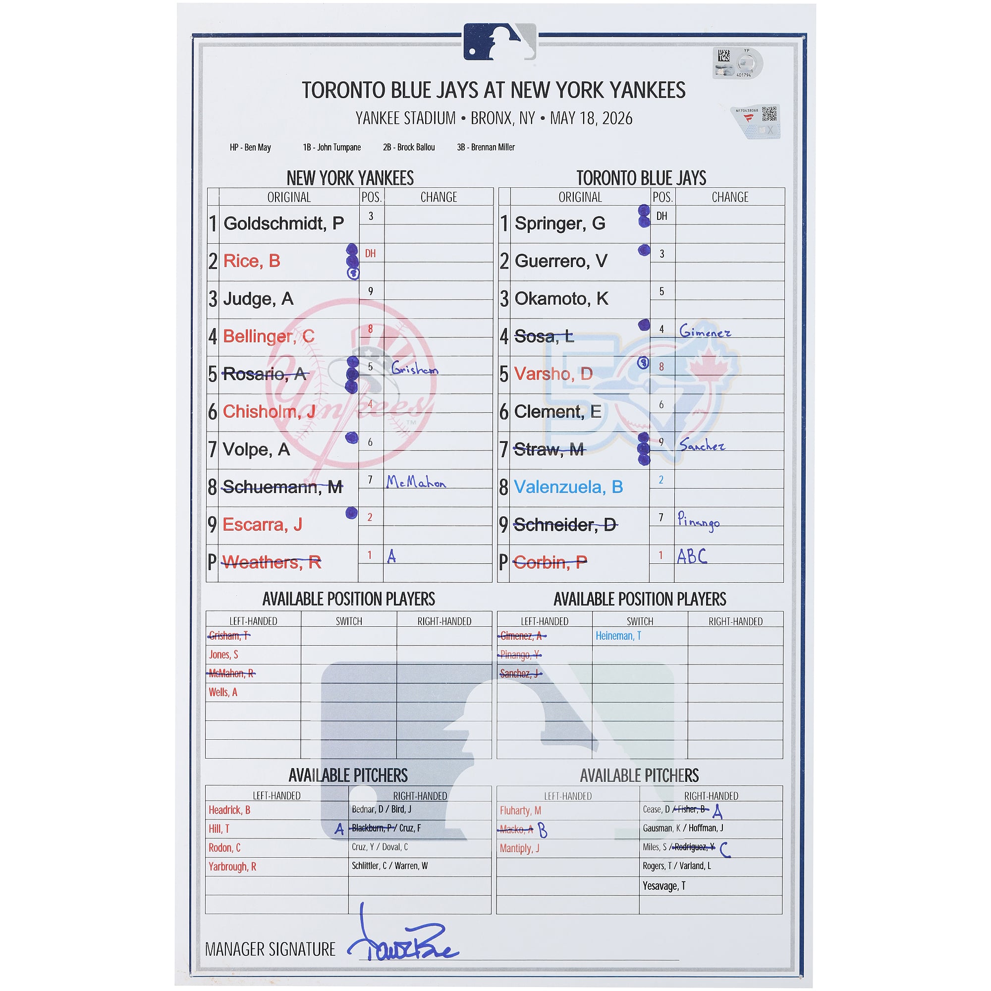 New York Yankees Game-Used Lineup Card vs. Toronto Blue Jays on May 18, 2026
