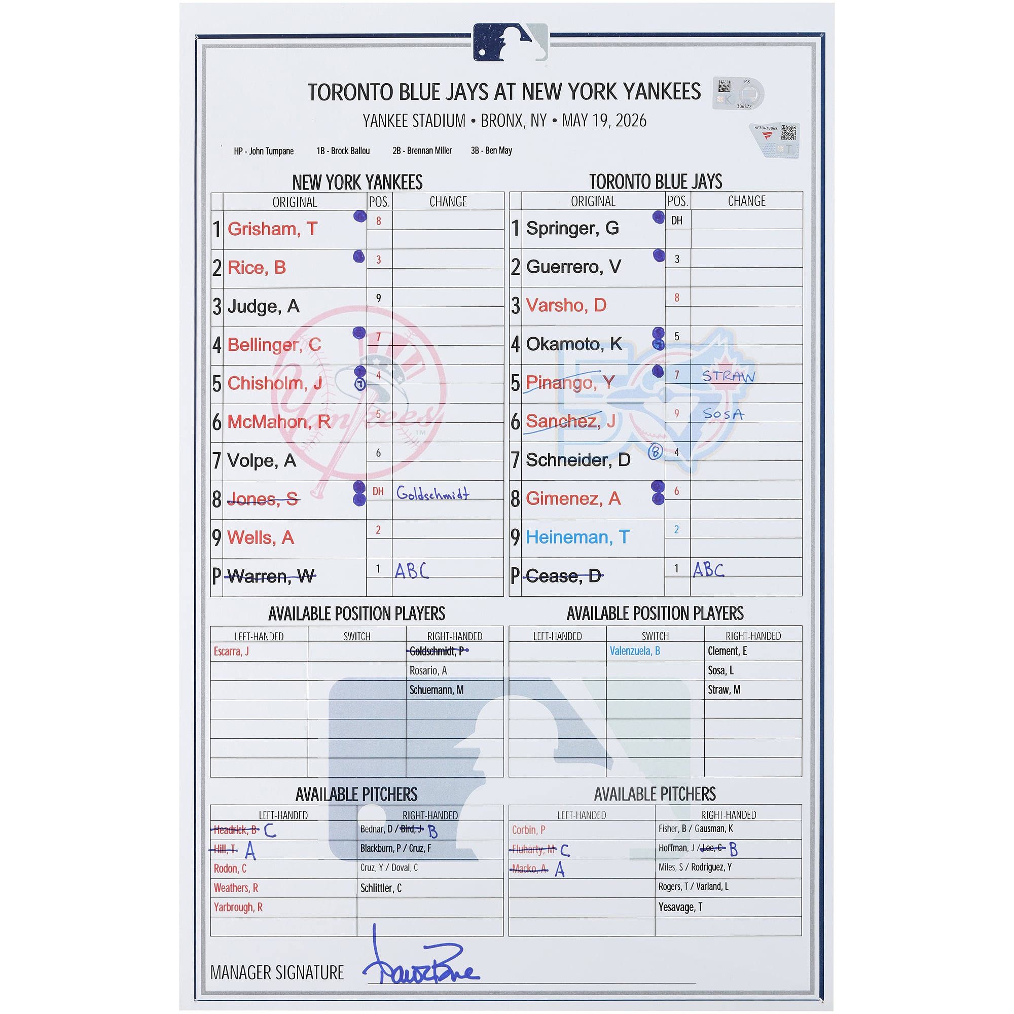 New York Yankees Game-Used Lineup Card vs. Toronto Blue Jays on May 19, 2026