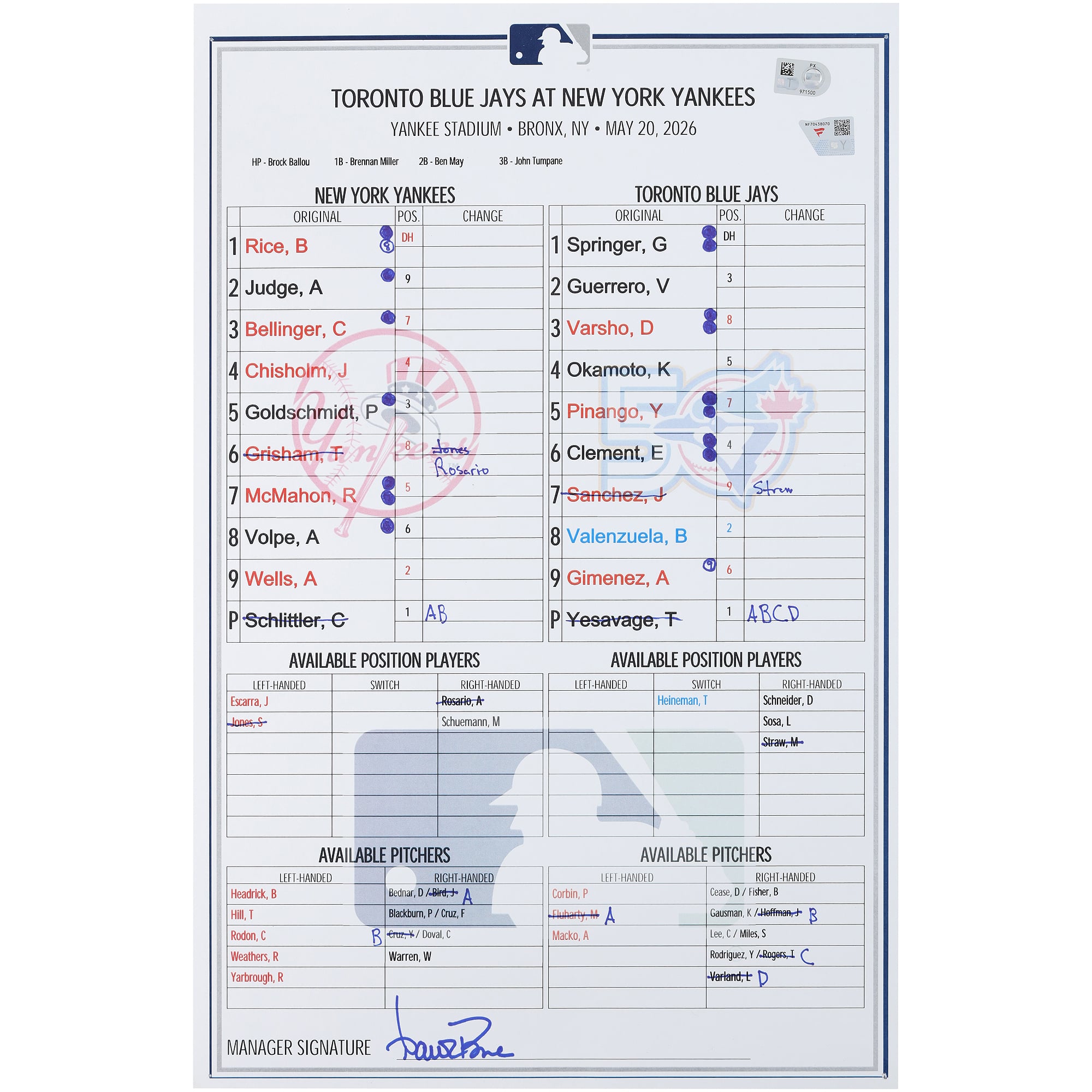 New York Yankees Game-Used Lineup Card vs. Toronto Blue Jays on May 20, 2026