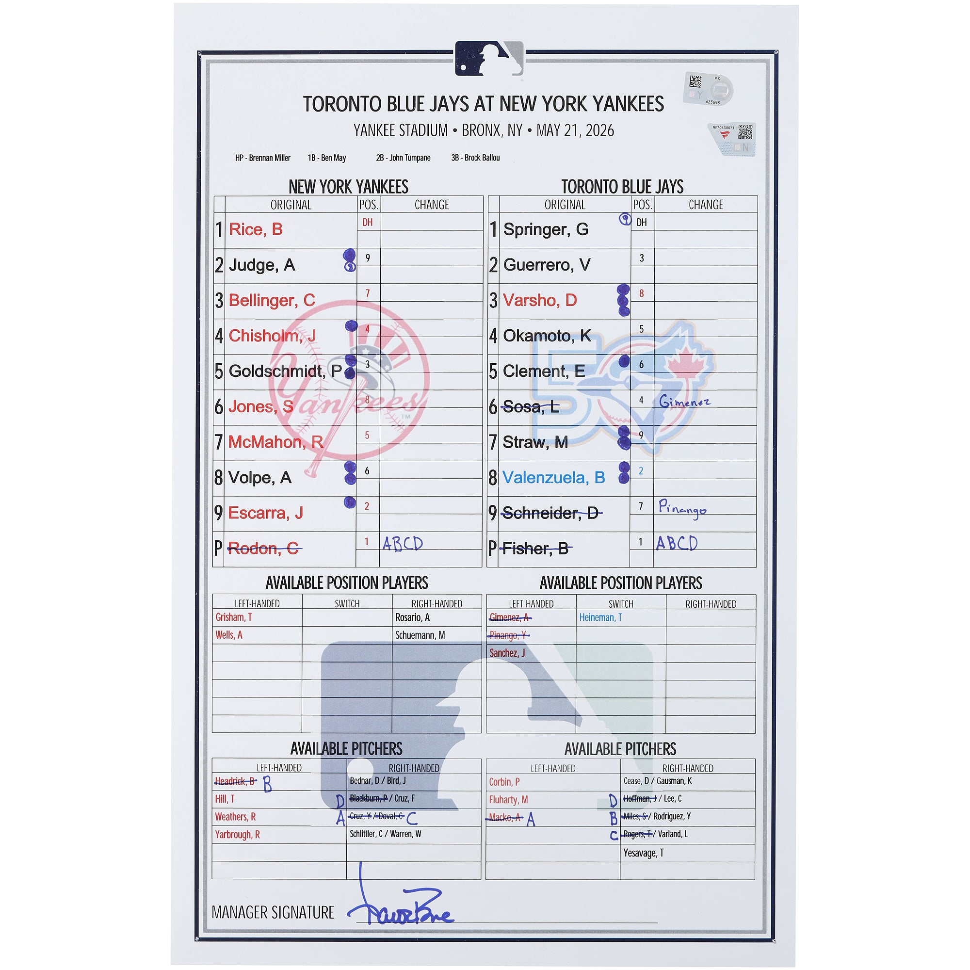 New York Yankees Game-Used Lineup Card vs. Toronto Blue Jays on May 21, 2026