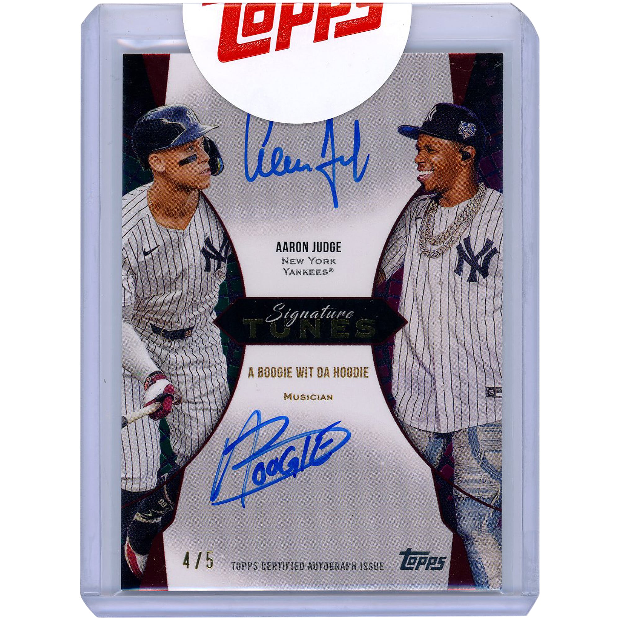 Carte autographiée Aaron Judge & A Boogie Wit Da Hoodie des Yankees de New York, série 2025 Topps Signature Tunes Dual Red #TUNE-JWH #4/5