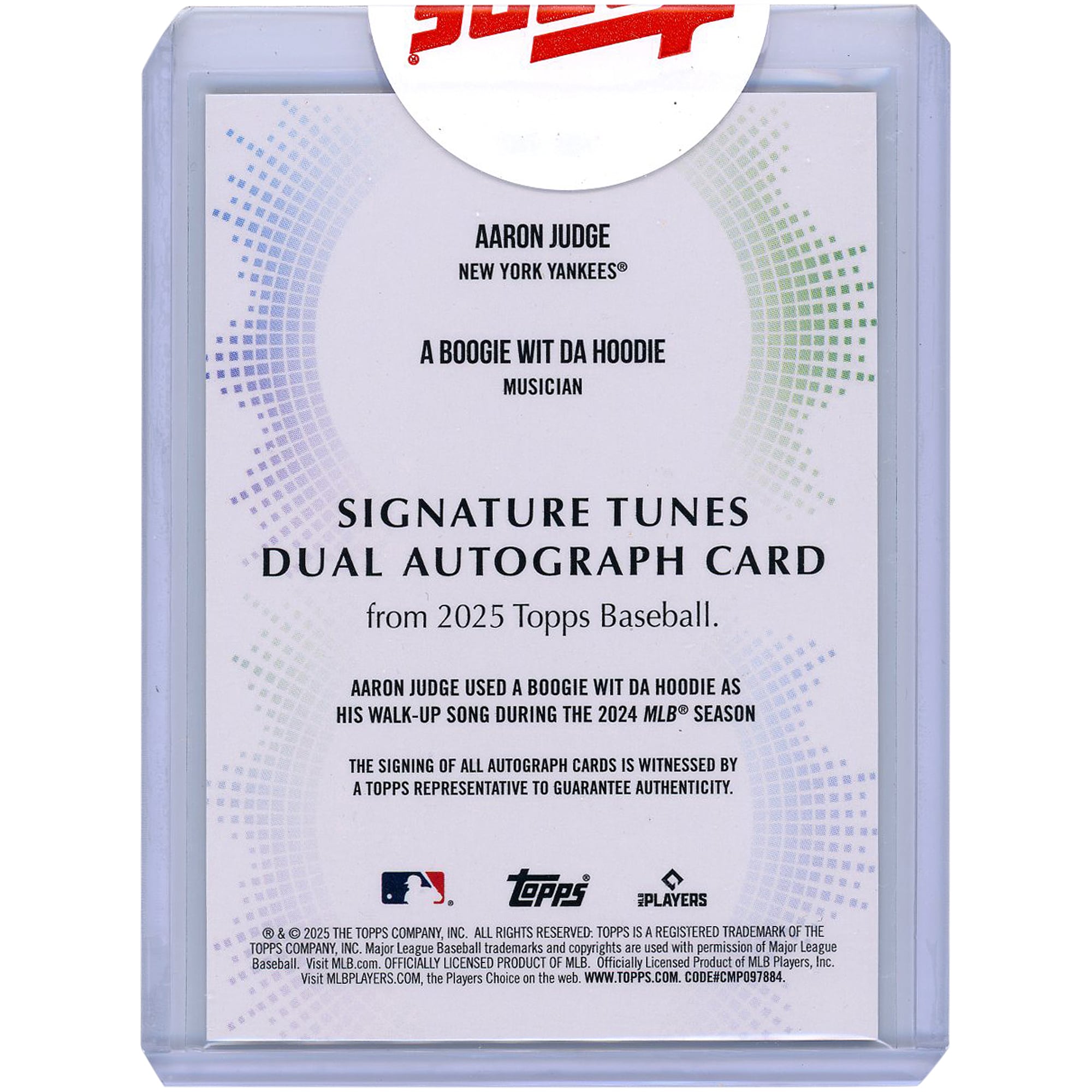 Carte autographiée Aaron Judge & A Boogie Wit Da Hoodie des Yankees de New York, série 2025 Topps Signature Tunes Dual Red #TUNE-JWH #4/5