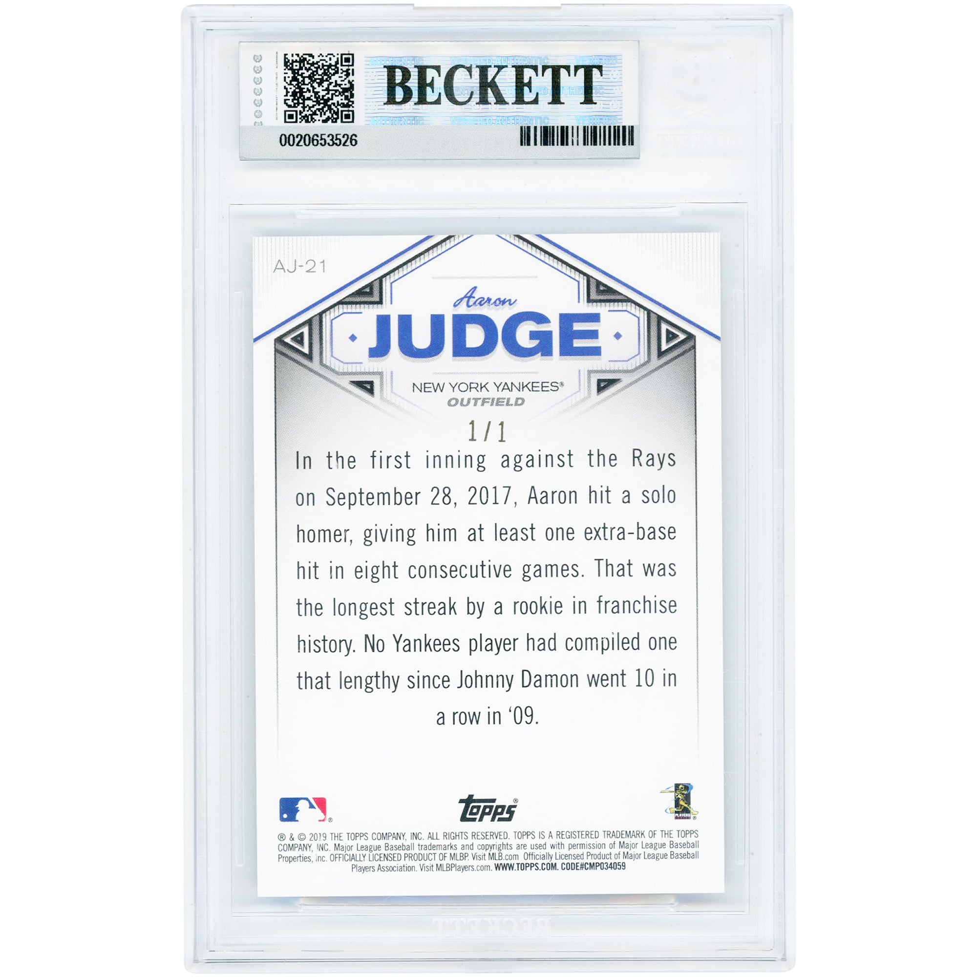 Carte Aaron Judge des Yankees de New York 2019 Topps Highlights Platinum #AJ-21 #1/1 authentifiée BGS 9 - Sous-notes 9,5, 9, 9, 9,5