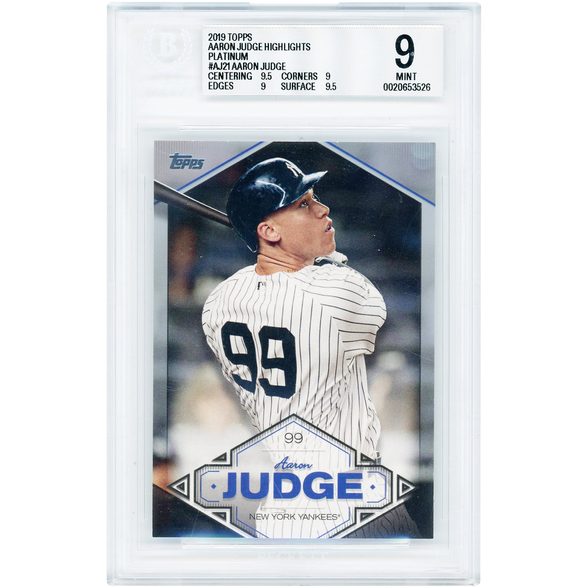 Carte Aaron Judge des Yankees de New York 2019 Topps Highlights Platinum #AJ-21 #1/1 authentifiée BGS 9 - Sous-notes 9,5, 9, 9, 9,5