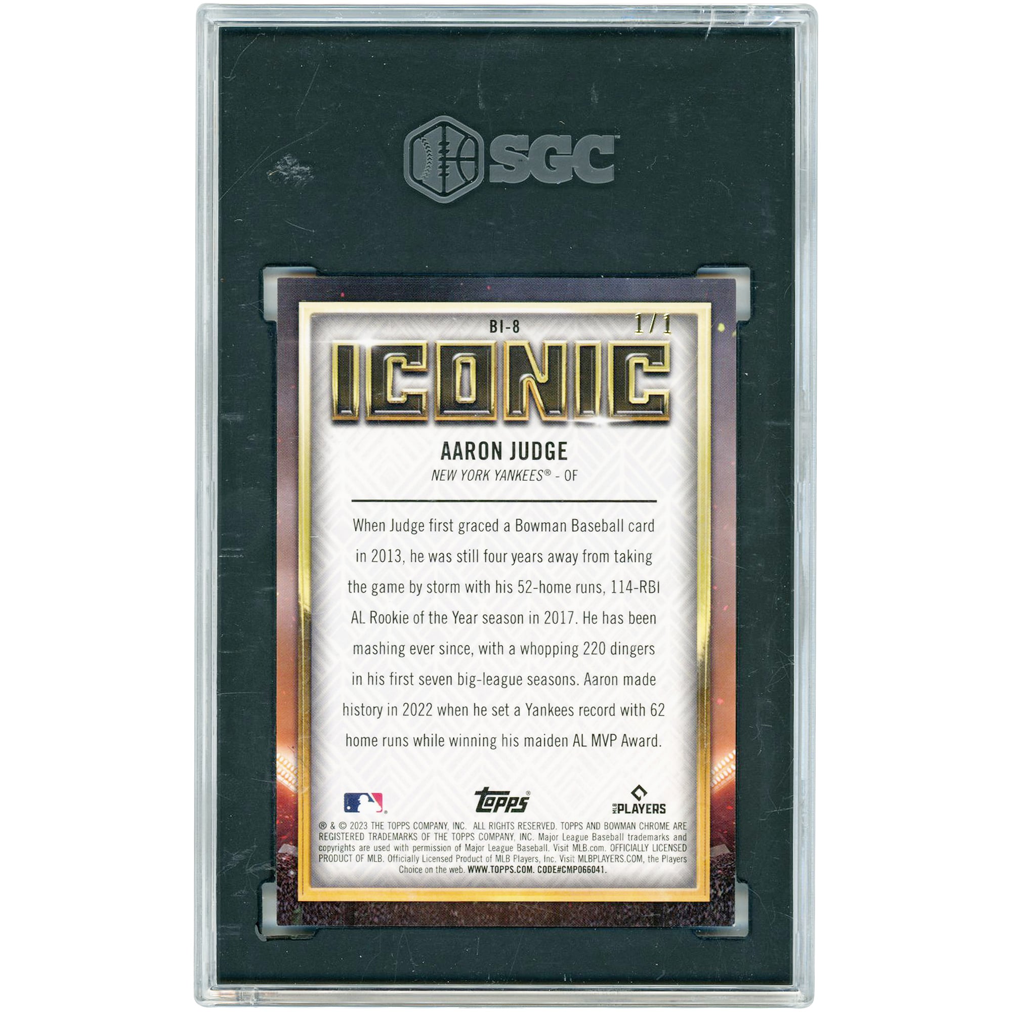 Carte Aaron Judge New York Yankees 2023 Bowman Chrome Mega Box Iconic Rose Gold Refractor #BI-8 #1/1 authentifiée SGC 9.5