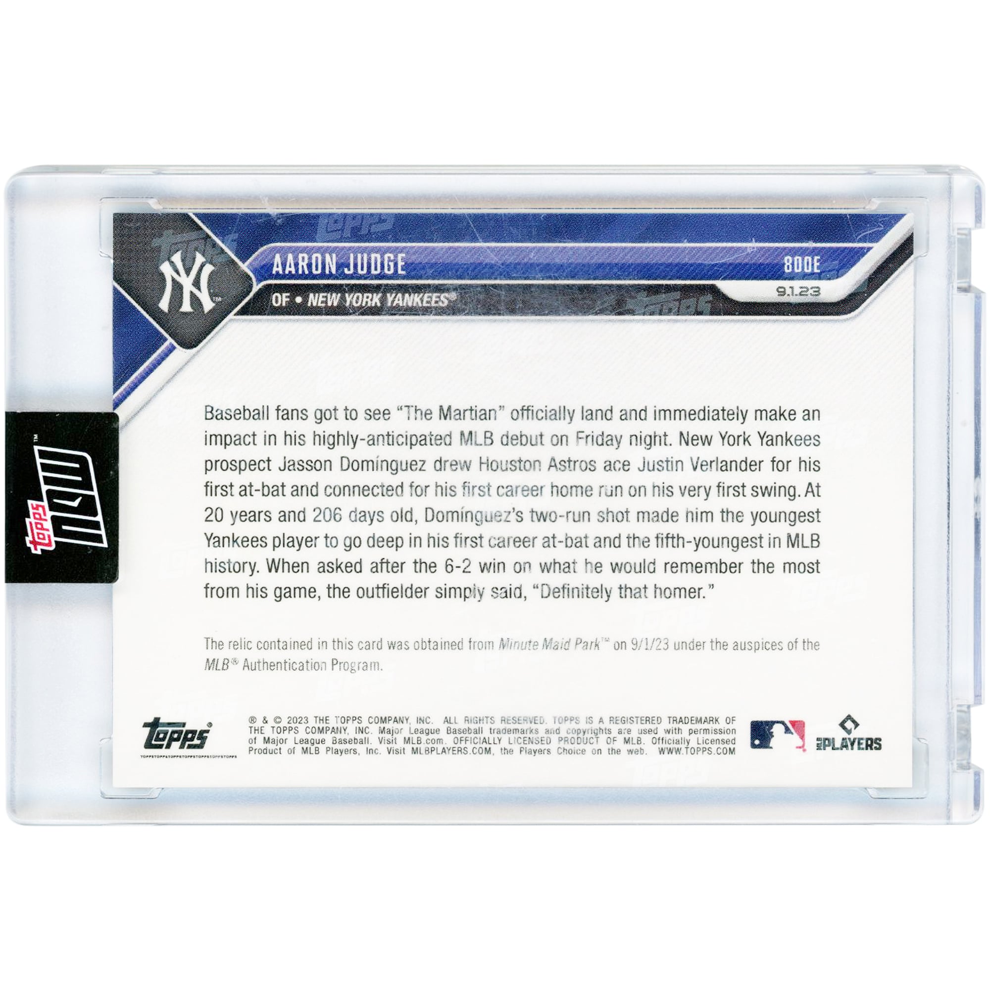 Carte Aaron Judge, Yankees de New York, Topps Now 2023, relique de match, orange, n° 800, n° 5/5