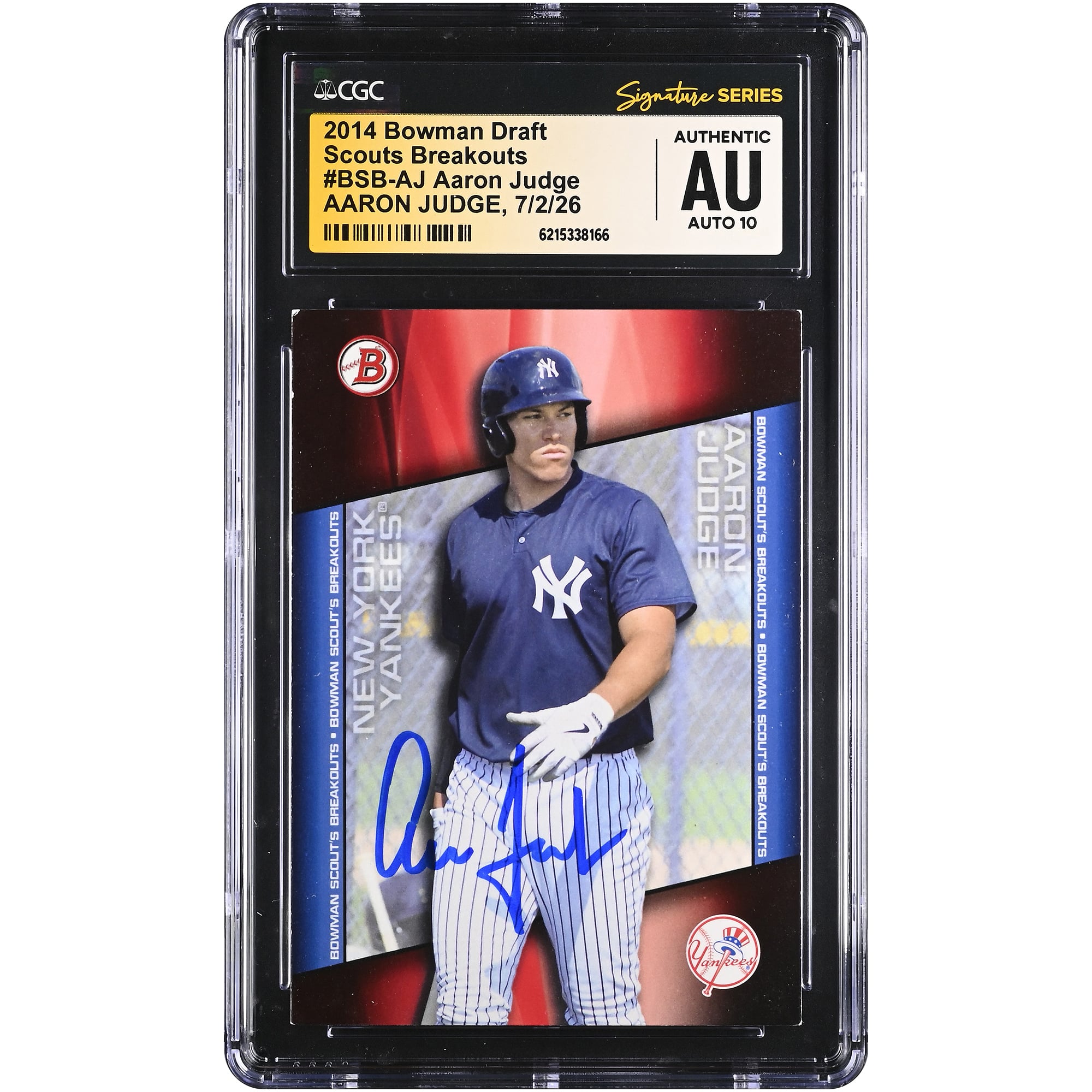 Carte autographiée d'Aaron Judge (New York Yankees) - Collection Bowman Draft Scouts Breakouts 2014 #BSB-AJ - Authentifiée CGC Fanatics Witnessed AUTO 10
