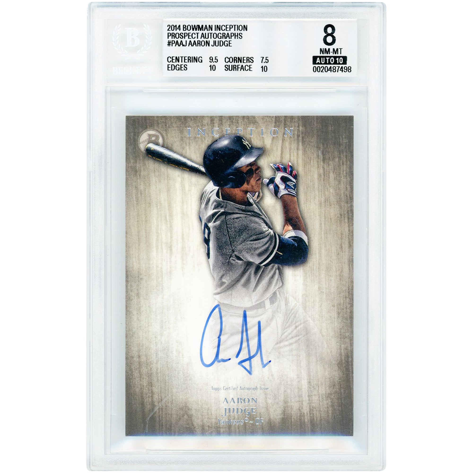 Carte autographiée par Aaron Judge (New York Yankees), collection Bowman Inception Prospect 2014, numéro PA-AJ, authentifiée BGS 8/10 - Sous-notes : 9,5, 7,5, 10, 10