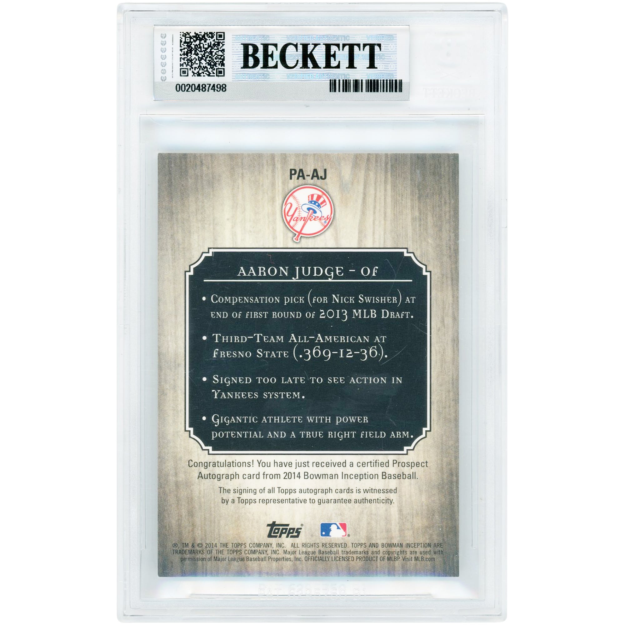Carte autographiée par Aaron Judge (New York Yankees), collection Bowman Inception Prospect 2014, numéro PA-AJ, authentifiée BGS 8/10 - Sous-notes : 9,5, 7,5, 10, 10