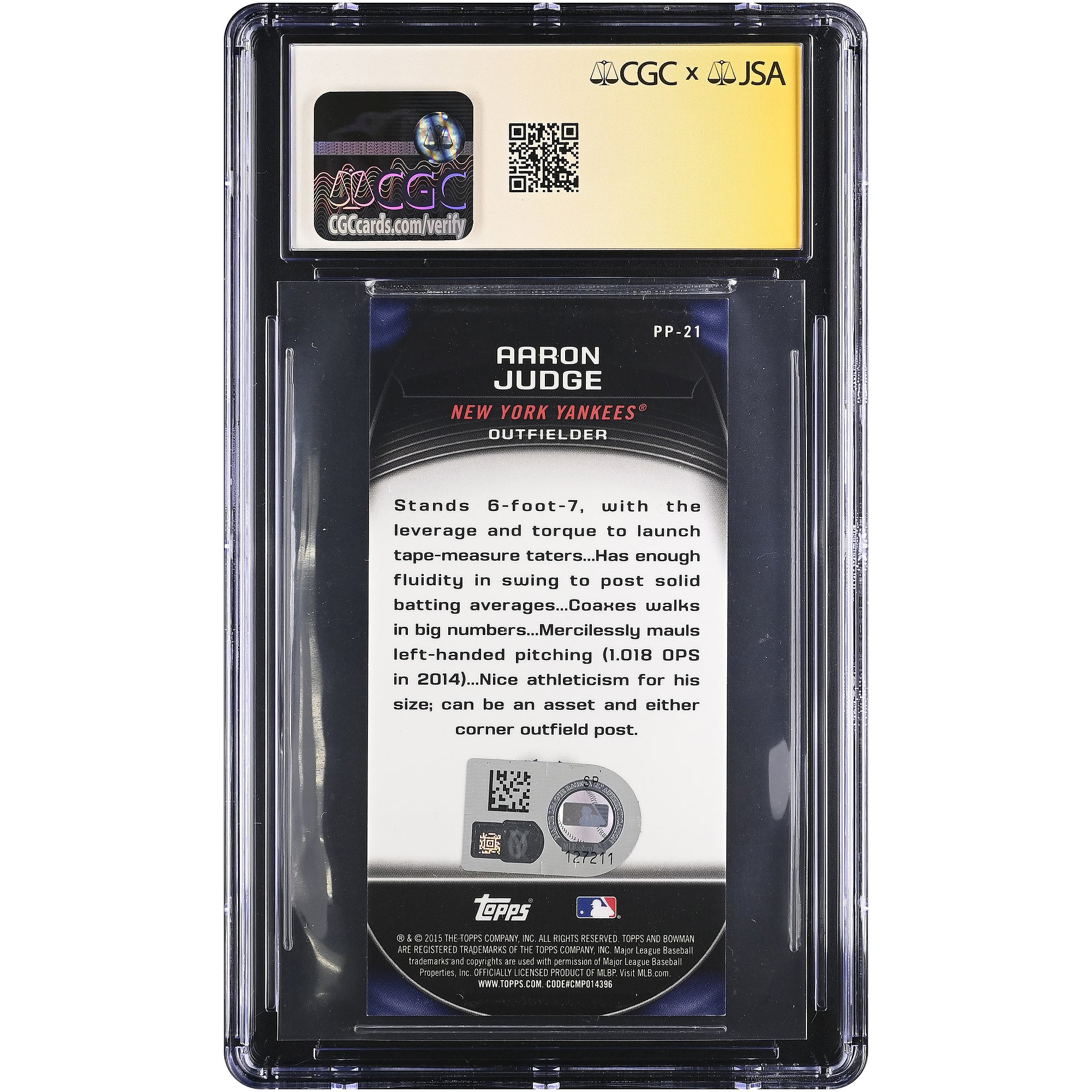 Carte autographiée d'Aaron Judge (New York Yankees) - Collection Bowman Chrome Prospect Profiles Minis 2015 n° PP-21 - Authentifiée par CGC Fanatics Witnessed (9/10)