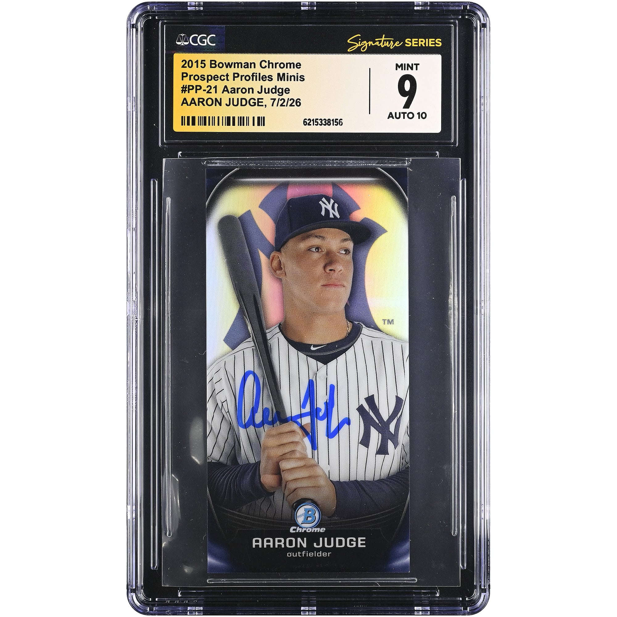 Carte autographiée d'Aaron Judge (New York Yankees) - Collection Bowman Chrome Prospect Profiles Minis 2015 n° PP-21 - Authentifiée par CGC Fanatics Witnessed (9/10)