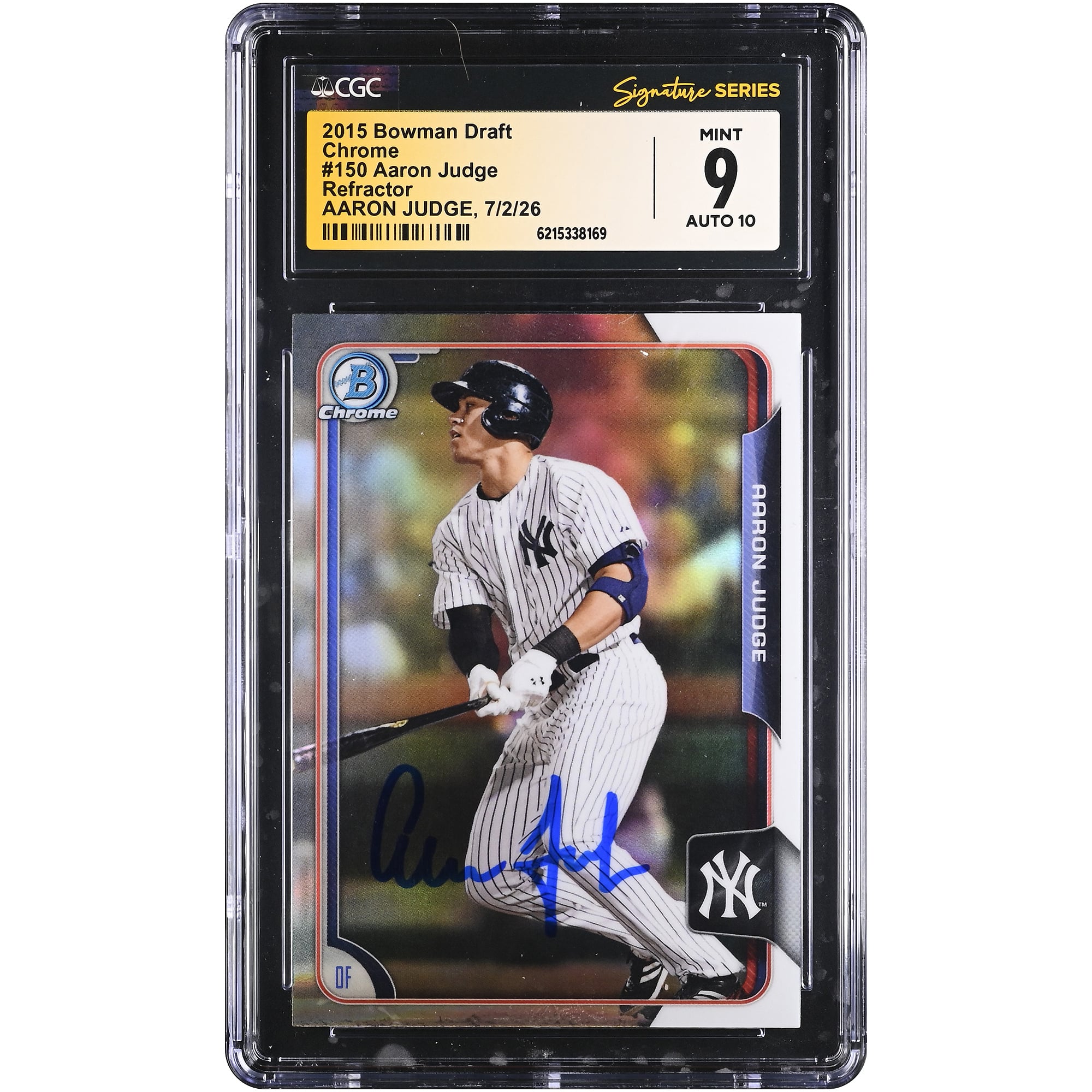 Carte de collection Bowman Draft Chrome Refractor 2015 n° 150, signée par Aaron Judge (New York Yankees), authentifiée par CGC Fanatics Witnessed (9/10).