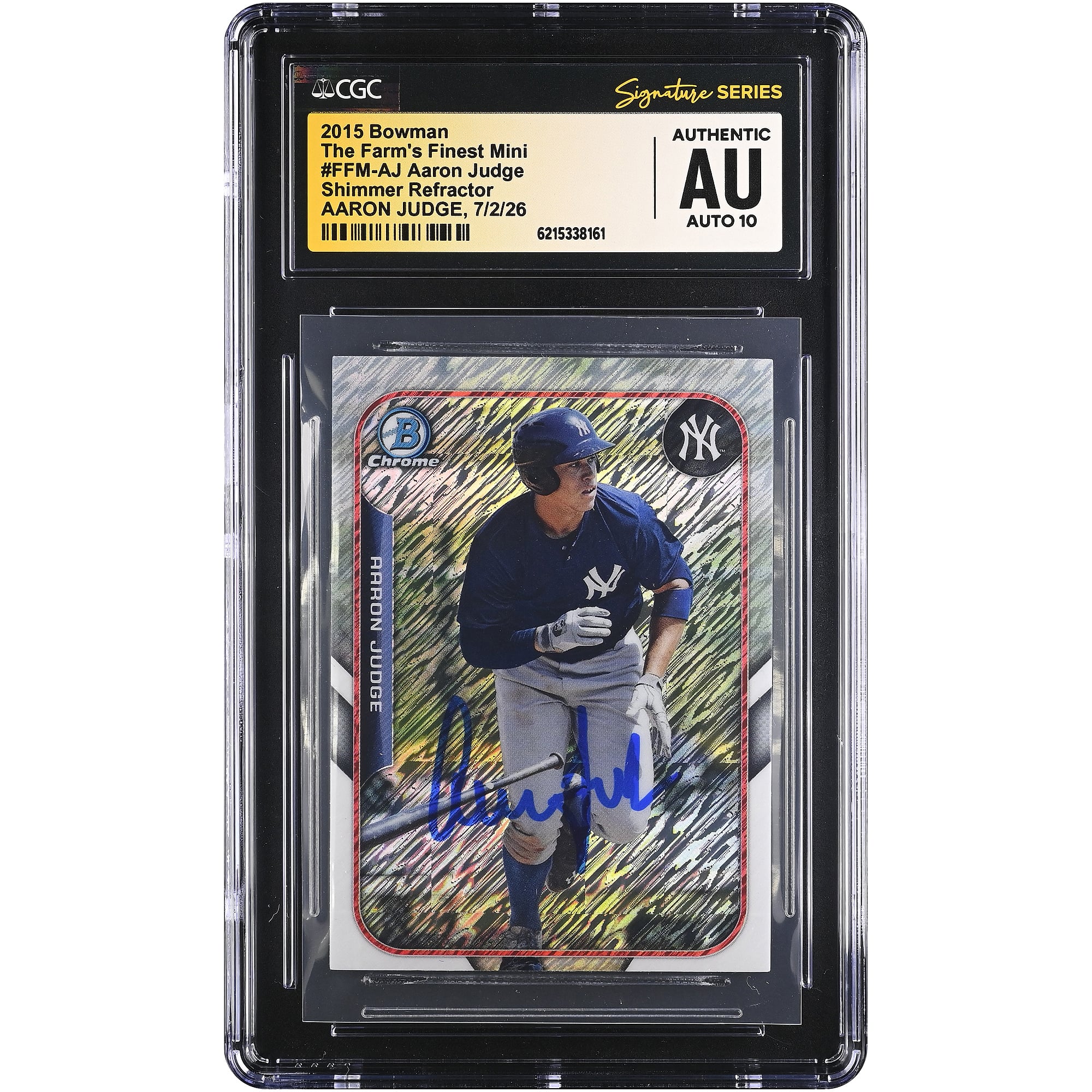 Carte autographiée par Aaron Judge (New York Yankees) de Bowman The Farm's Finest Mini Shimmer Refractor 2015 #FFM-AJ, certifiée CGC Fanatics Witnessed AUTO 10.