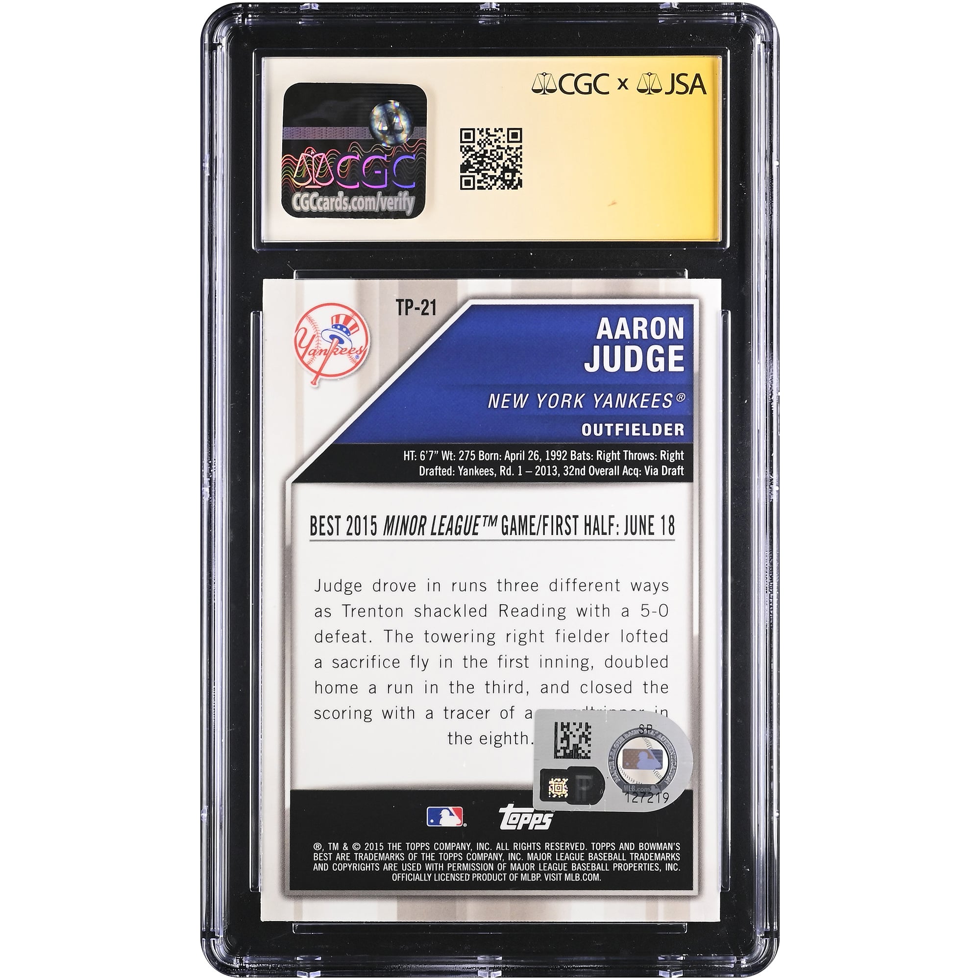 Carte autographiée d'Aaron Judge (New York Yankees) - Collection Bowman's Best Top Prospects 2015 #TP-21 - Authentifiée CGC Fanatics Witnessed AUTO 10