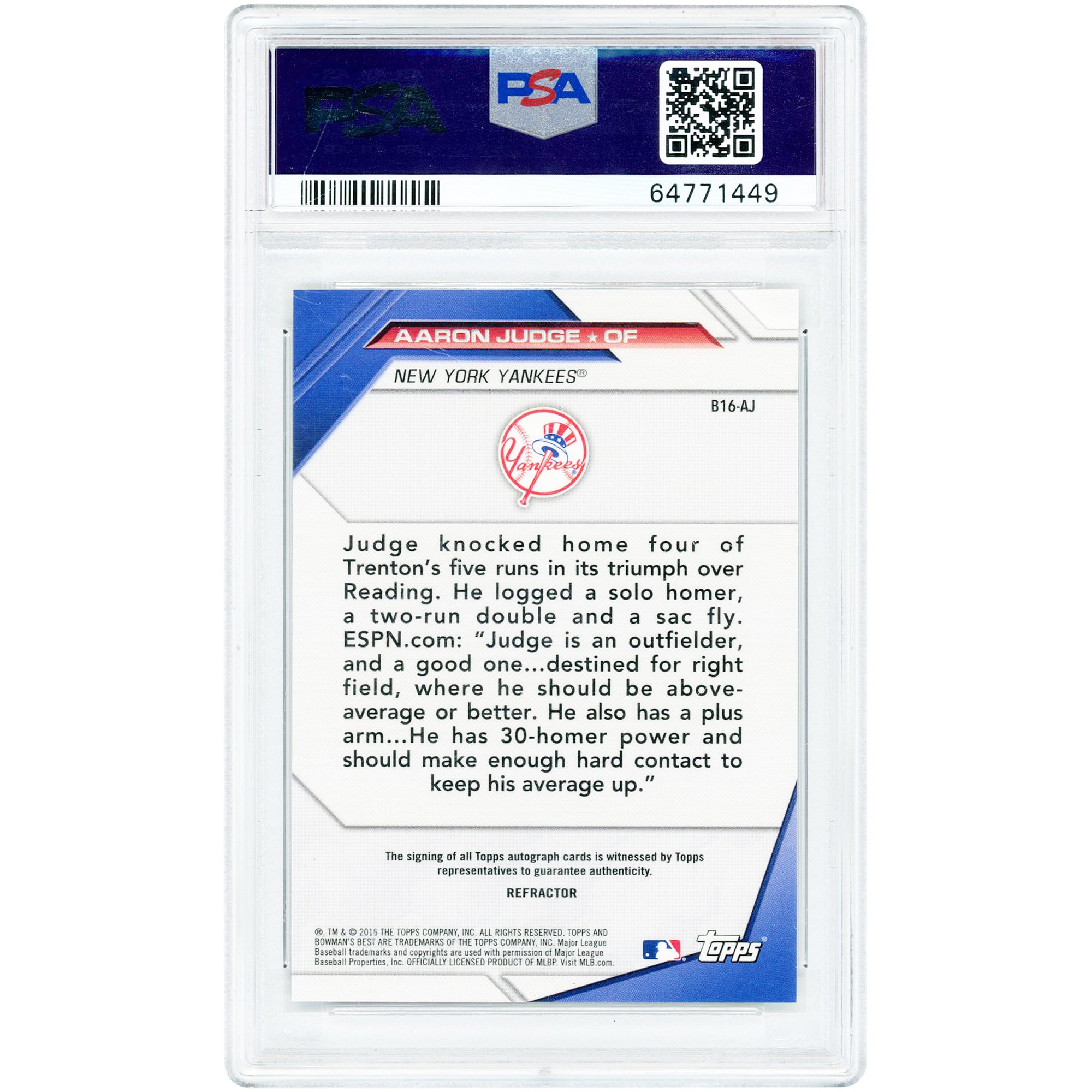 Carte autographiée d'Aaron Judge (New York Yankees), collection Bowman's Best of 2016 Refractor #B16-AJ, authentifiée PSA (9/10).