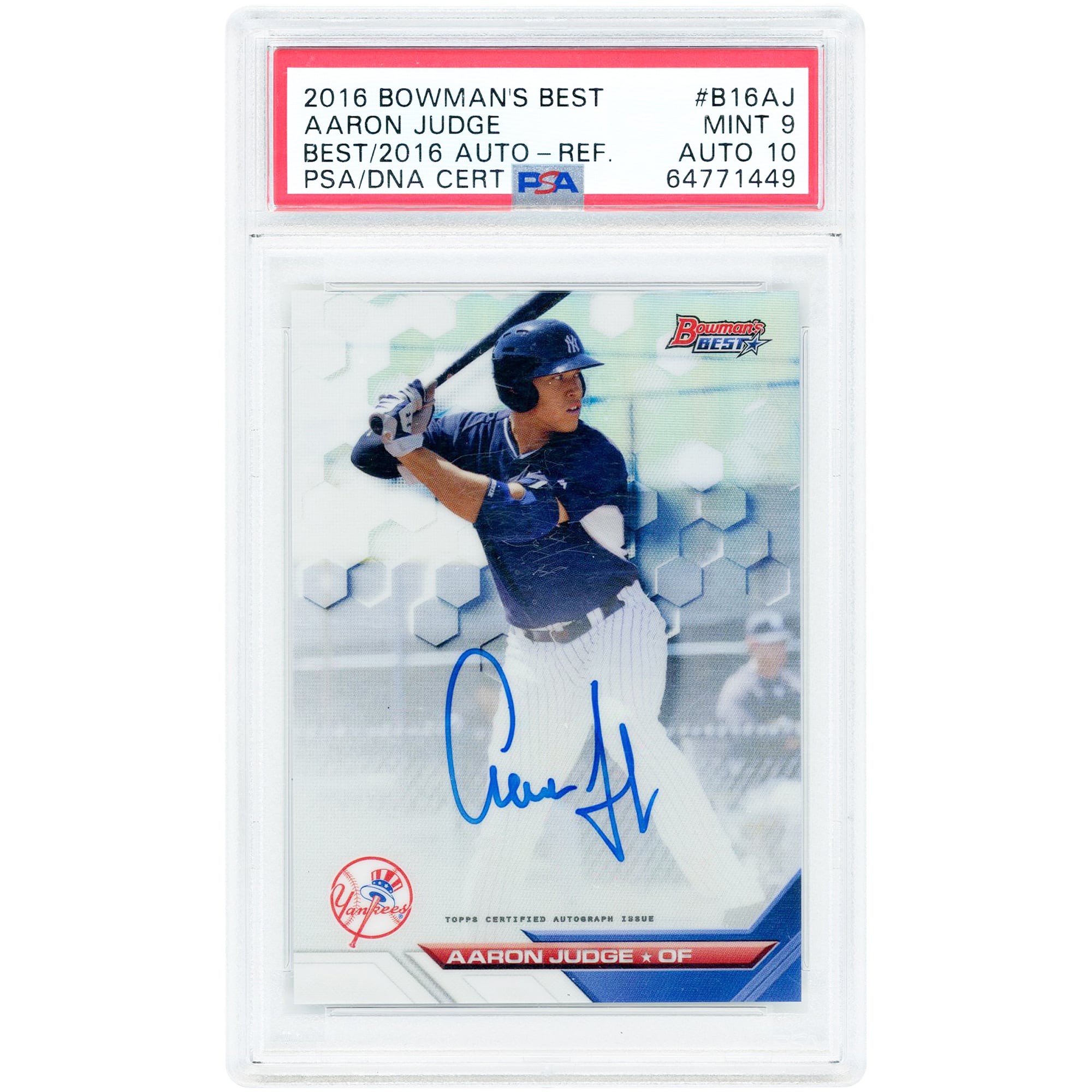 Carte autographiée d'Aaron Judge (New York Yankees), collection Bowman's Best of 2016 Refractor #B16-AJ, authentifiée PSA (9/10).