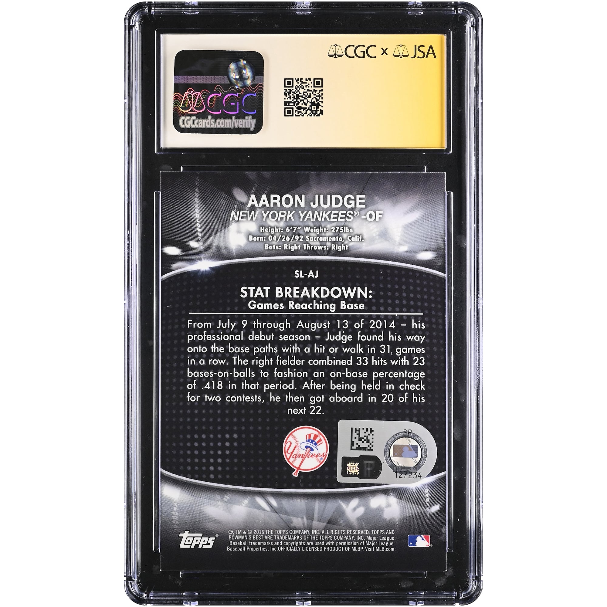 Carte autographiée d'Aaron Judge (New York Yankees) - Bowman's Best Stat Lines 2016 #SL-AJ - Authentifiée CGC Fanatics Witnessed (9/10)