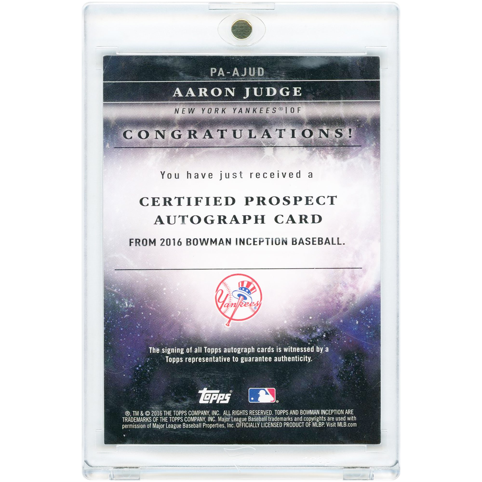 Carte autographiée d'Aaron Judge, Yankees de New York, collection Topps Inception 2016, violette, n° PA-AJUD, n° 147/150