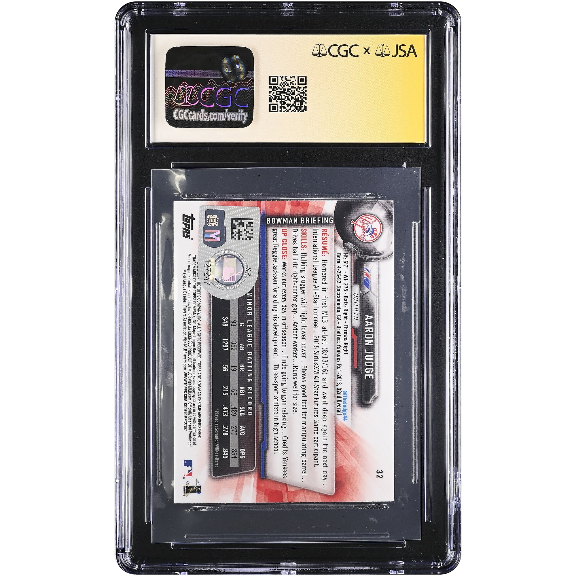 Carte de recrue autographiée d'Aaron Judge (New York Yankees), Bowman Chrome Mini 2017 n° 32, certifiée CGC Fanatics Witnessed AUTO 10